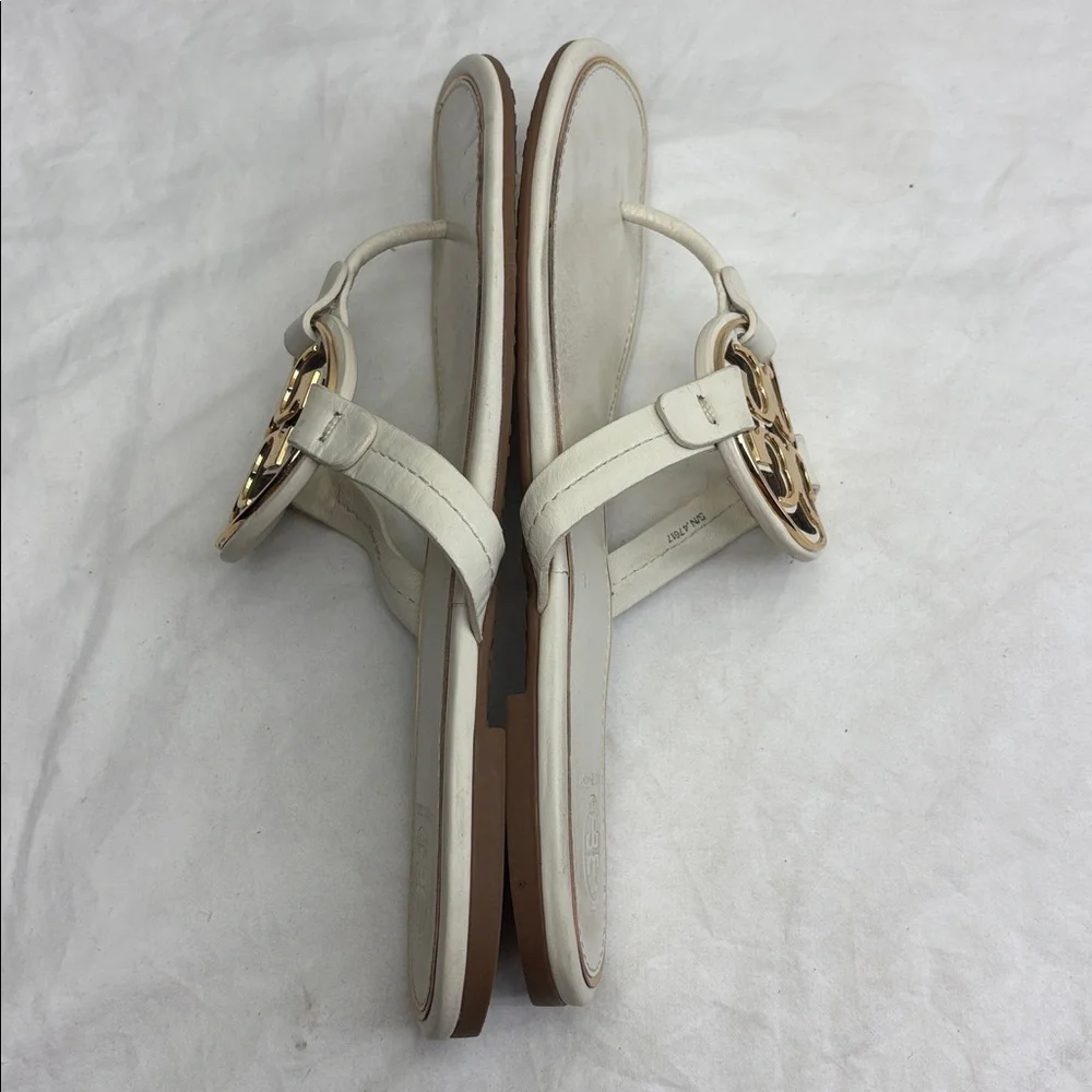 Tory Burch White Leather Logo Thong Sandals with Gold Medallions women’s size 8M - Picture 7 of 11